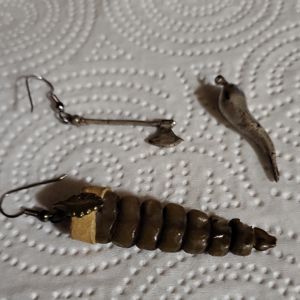 Rattlesnake Tail Earring, Axe Earring And Italian Horn or Cornicello